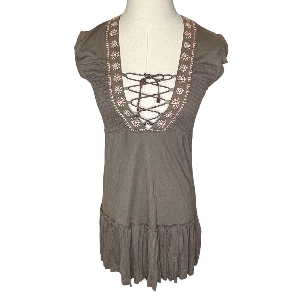 Free People Size XS Minidress Lace Up Bodice Embroidered Smocked Tiered NWT